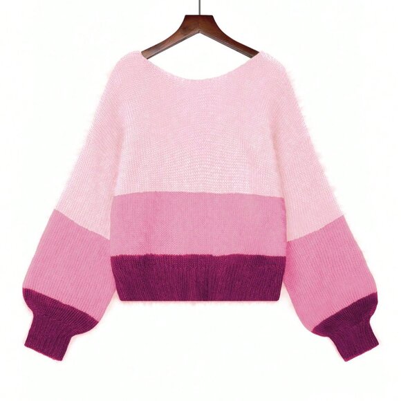 Multicolor Loose Fit Women's Color Block Backless Cropped Sweater - Picture 5 of 6